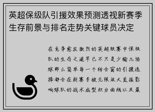 英超保级队引援效果预测透视新赛季生存前景与排名走势关键球员决定